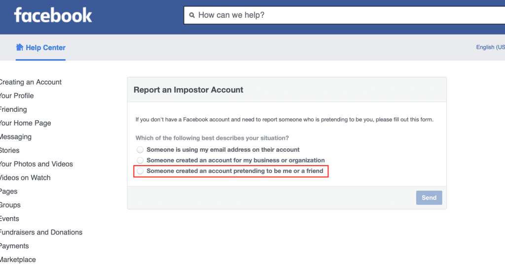 Reporting an impersonating account on Facebook